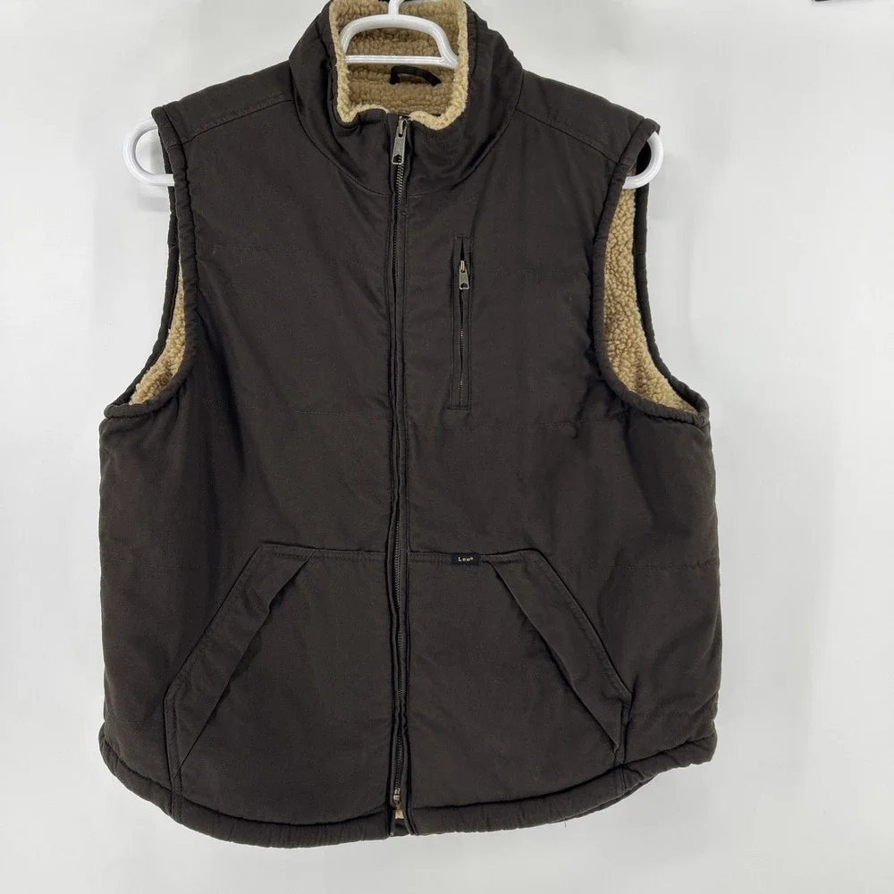 Lee Premium Select Fleece Vest Sherpa Men's Large Brown Front Zip Utility Casual